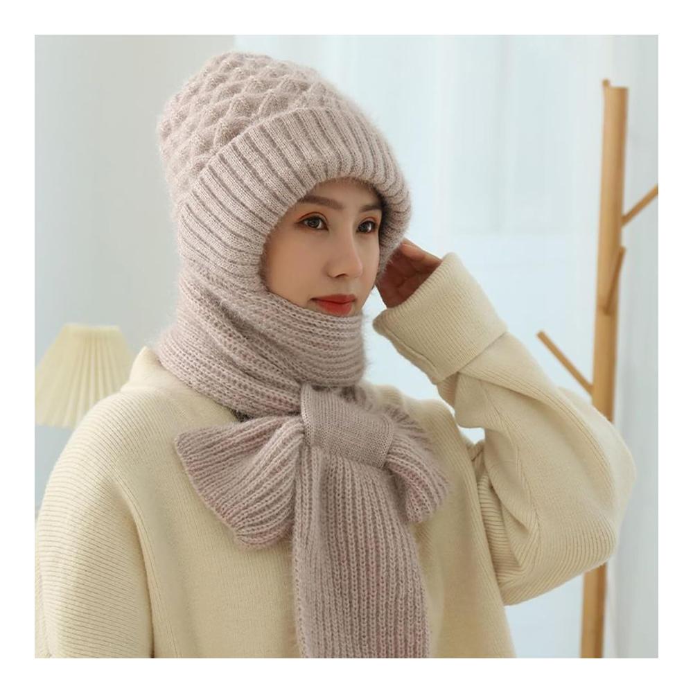 Kapuzenschal Set für Damen Verdickter Winter-Schal Mütze & Handschuhe - Winddicht & Warm in Khaki Einheitsgröße