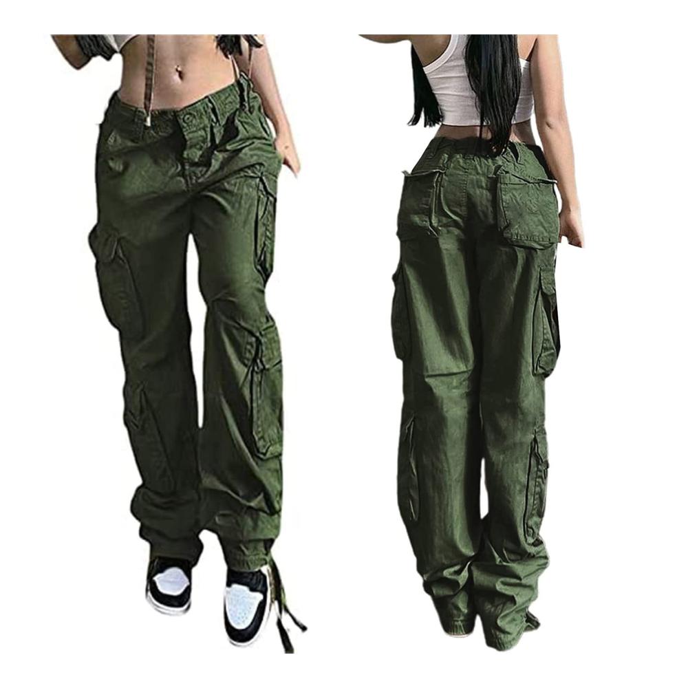 Damen Cargo Jeans Y2K Grüne Low-Rise Baggy Jeans mit Taschen - Trendige Vintage Streetwear