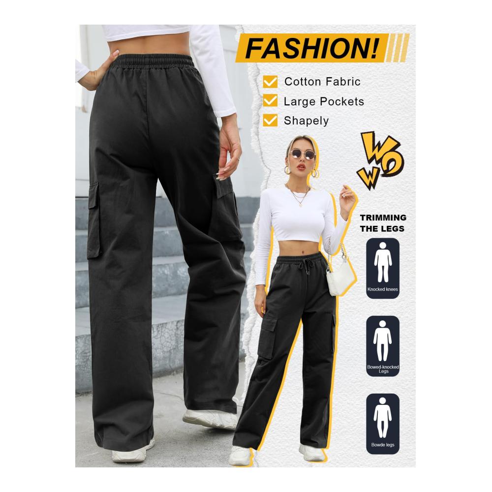 Damen Cargo Hose High Waist Baggy - Elastische Bund Cargohose mit Taschen Streetwear Y2k Style - Weites Bein Straight Fit - Svanco Fashion
