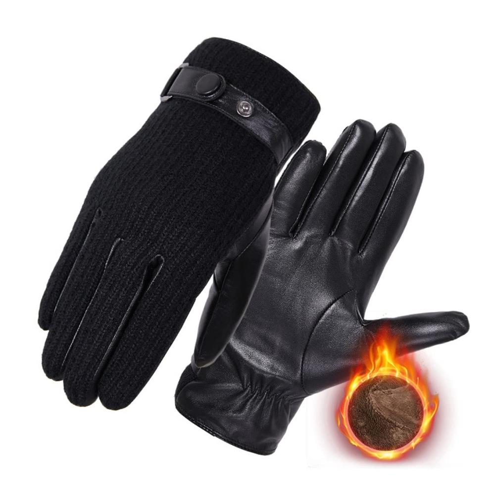 Herren Winterhandschuhe Leder & Wolle Strickmischung | Warme Touchscreen Fäustlinge für Fahrten & Reiten