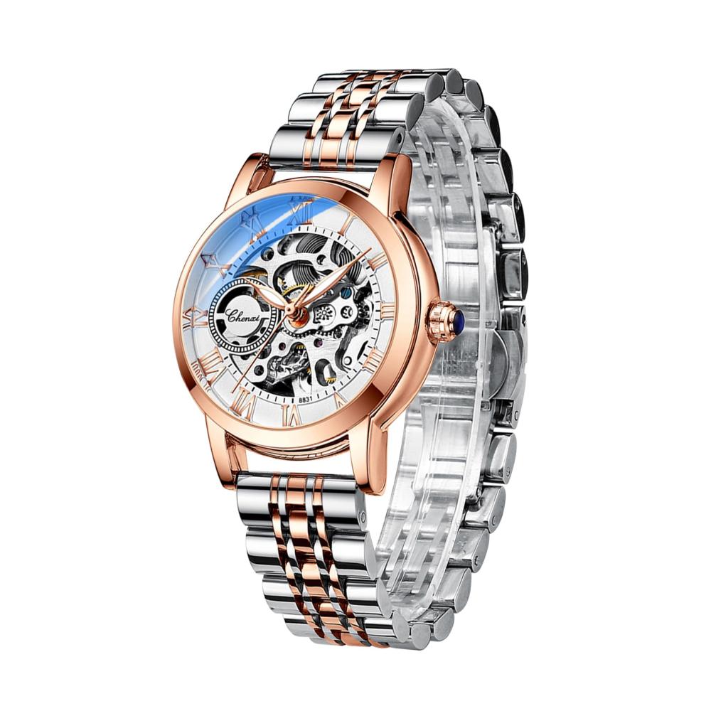 Roségold Damen-Armbanduhr mit automatischem mechanischem Uhrwerk Edelstahlband luxuriösem Skelett-Zifferblatt Diamanten und Eleganz