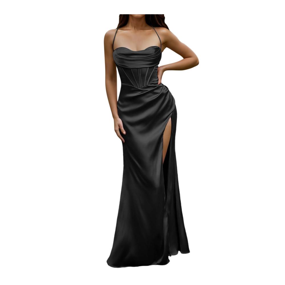 Abendkleider Damen Elegantes Ballkleid mit Rückenausschnitt Spaghetti-Trägern Seitenschlitz und Straps für Hochzeit Party und festliche Anlässe (Schwarz Größe L