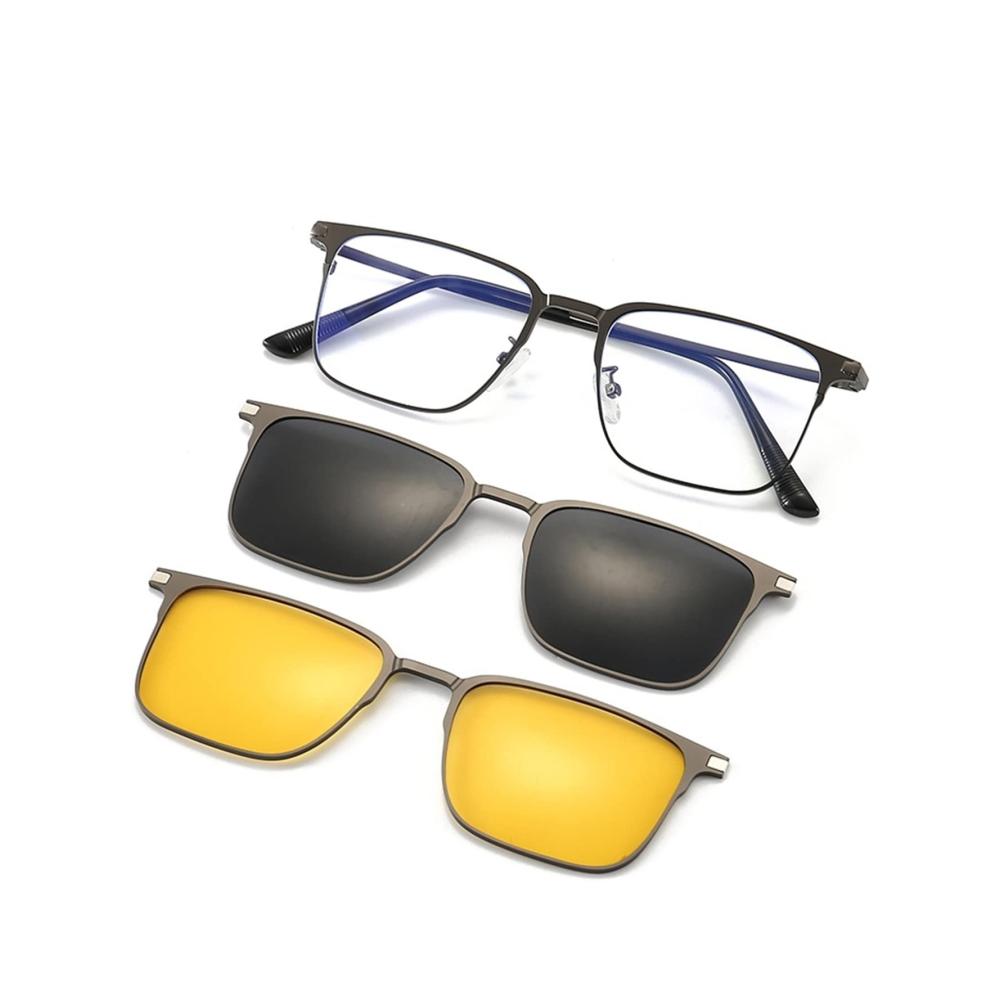 Magnetischer 3-in-1 Sonnenbrillenclip für Brillen - Polarisierte Nachtsicht-Clipbrille mit Metallrahmen für Männer und Frauen (Farbe Gun Frame