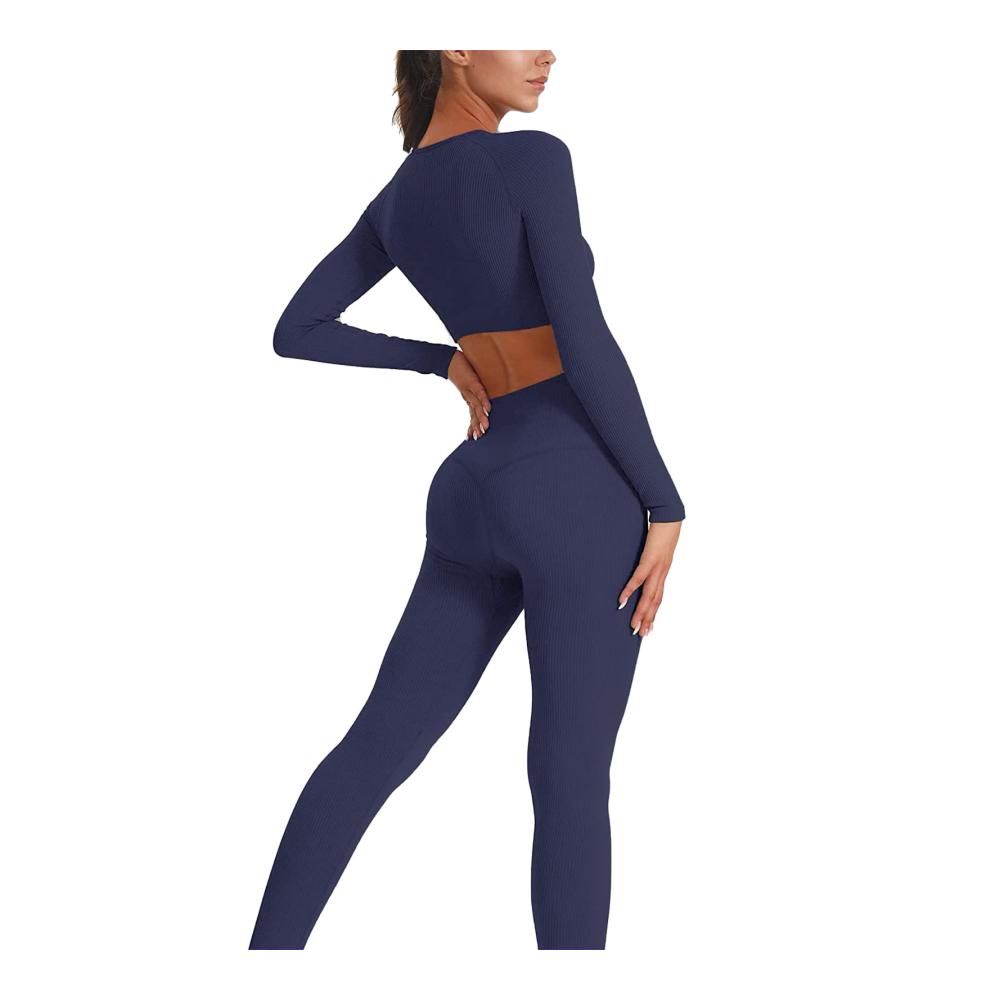 Yoga Leggings Set Geripptes Langarm Crop Top & Hohe Taille Workout Outfit für Frauen