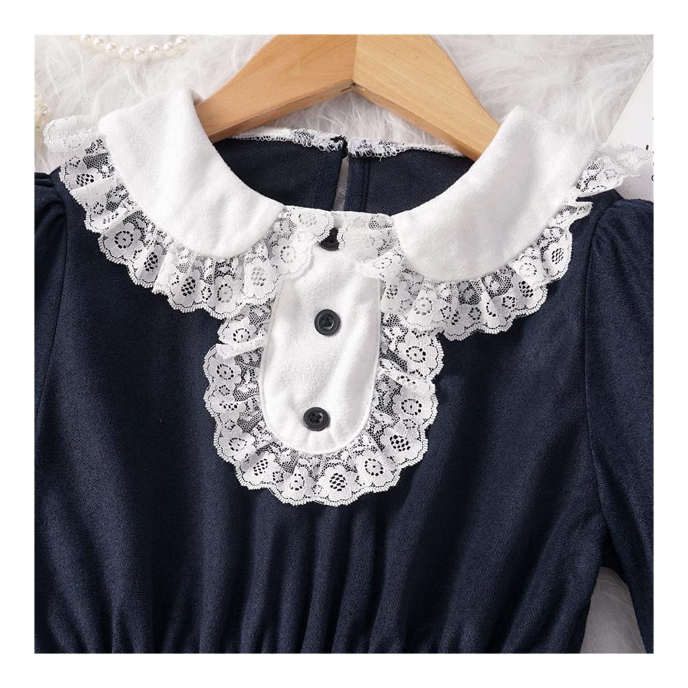 Kinder Geschenk Langärmeliges Mädchen Kleid mit Spitze Patchwork-Design und elastischer Taille