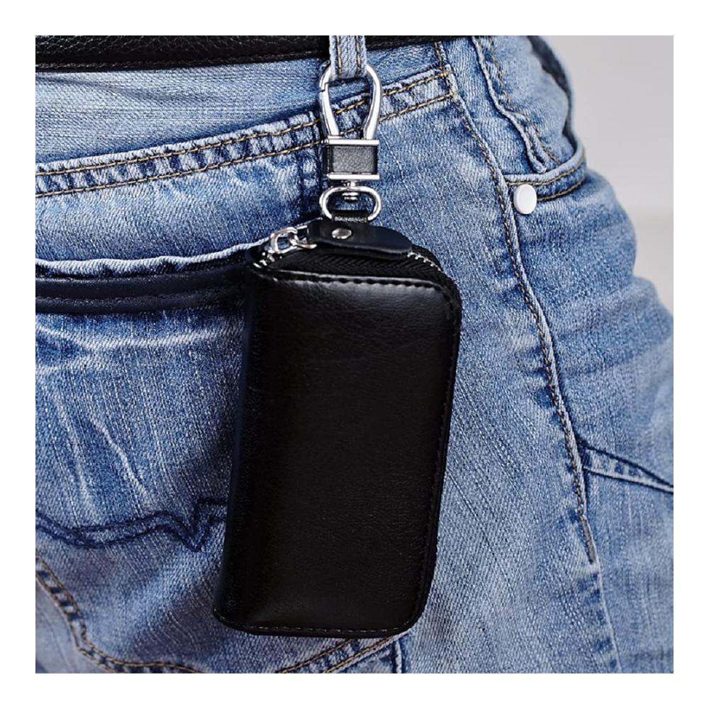 Herren Autoschlüssel-Halter aus hochwertigem Leder | Multifunktions-Schlüsseletui mit Reißverschluss und Geldbörsenfunktion | Schlüsselorganizer für Business (Rosenrot