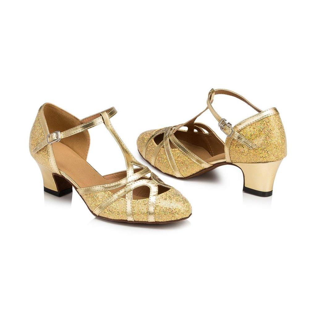 Glitzernde Damen-Tanzschuhe Geschlossene T-Starp-Zehen Ideal für Abend Hochzeit & Tanzstile. Moderne Latein & Ballsaal 5cm Absatz Gold Größe 2 UK