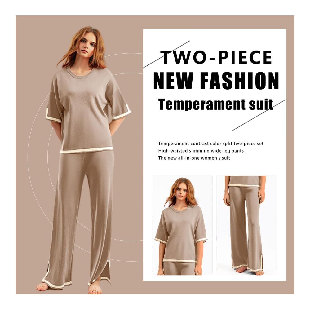Damen Trainingsanzug Set Gestrickte Pullover Weite Bein Hose - 2-teiliges Causal Jogginganzug Outfit für Schlafen und Lounge