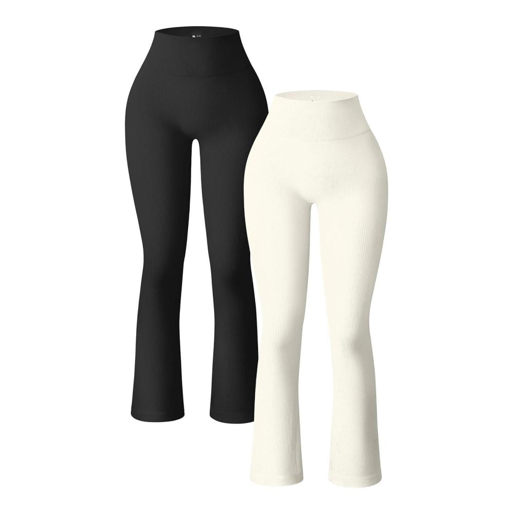 Nahtloses Ribbed 2-teiliges Yoga Leggings Set für Damen - Hoch taillierte Flare Workout Hose ideal für HIIT Squats Yoga und mehr (Schwarz/Beige Größe S