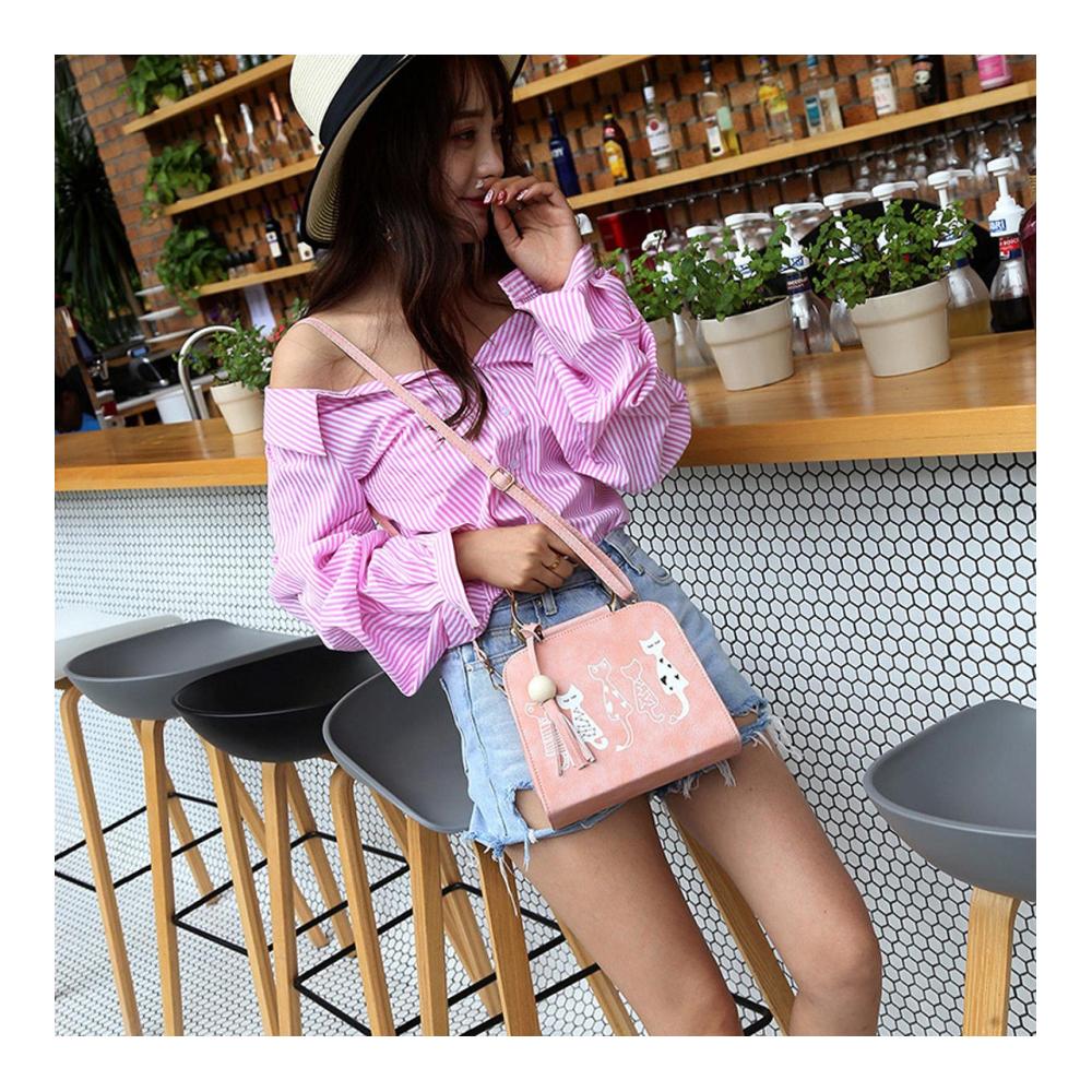 Katzenmuster Kulturtaschen Messenger Bag – Damen Handtasche mit Schultergurt und Quasten Kosmetiktasche im Tierdesign stilvolle Umhängetasche für Frauen trendige Modeaccessoires