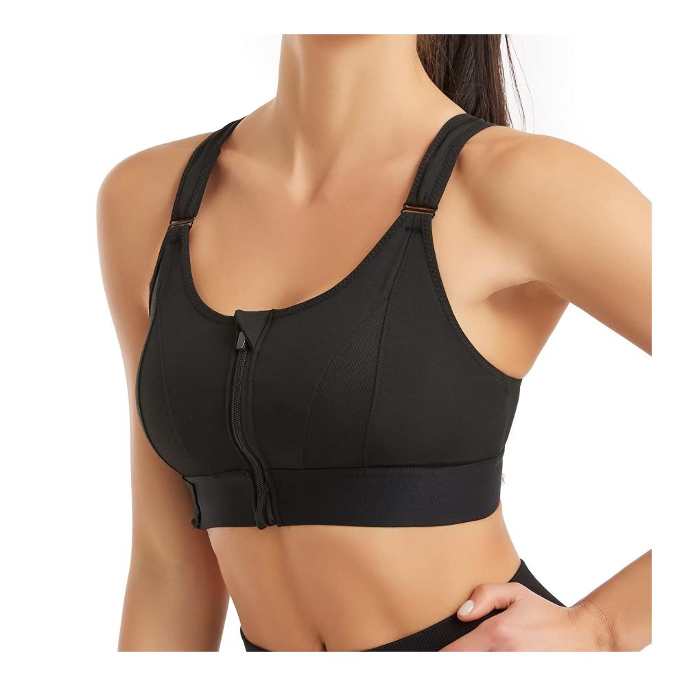 Sport-BH Damen Starker Halt Push-Up Front-Zip Vorderverschluss große Brüste verstellbare Träger gekreuzter Rücken - Ideal für Fitness Training
