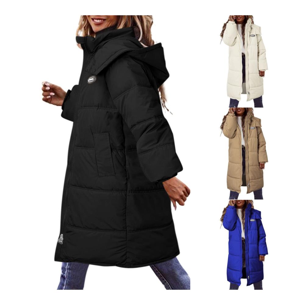 Daunenjacken Damen Lang Leicht Warm – Steppjacke mit Kapuze in Schwarz für den Winter
