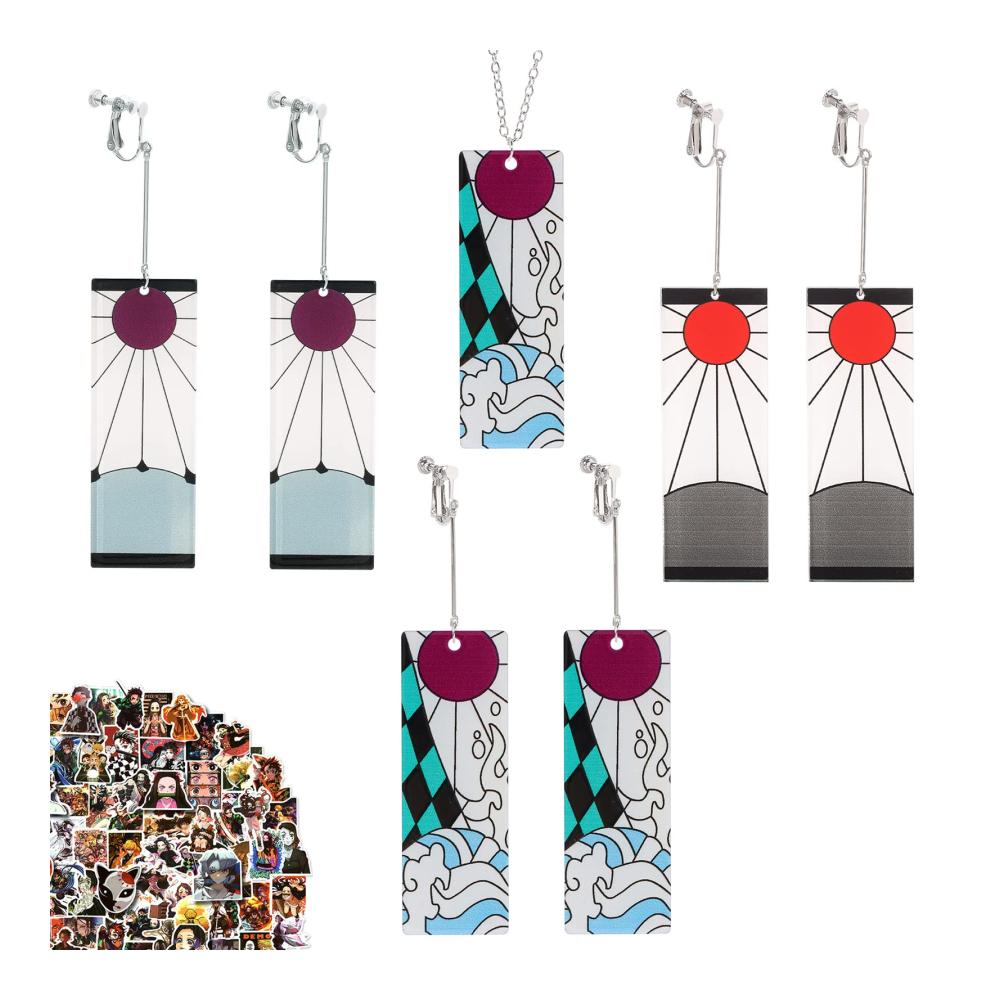 24-teiliges Demon Slayer Anime Schmuck-Set Tanjiro Ohrringe Halskette und Sticker