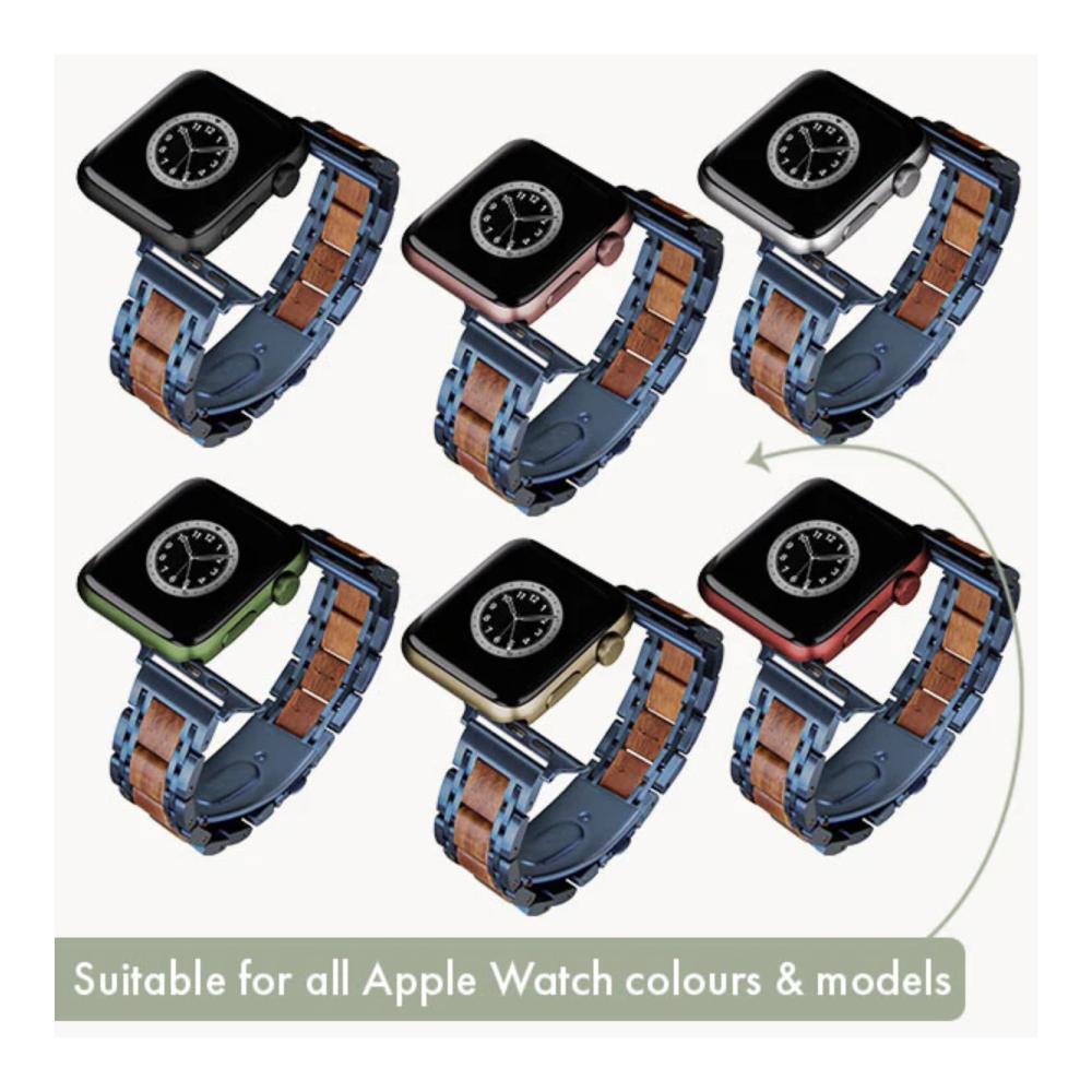Natürliches Walnuss-Edelstahl-Armband für Apple Watch | Ersatzarmband Holz Blau | Kompatibel mit Serie 8 7 6 5 4 3 2 1 | 42mm 44mm 45mm | Hochwertiges Metallarmband Ultra & SE