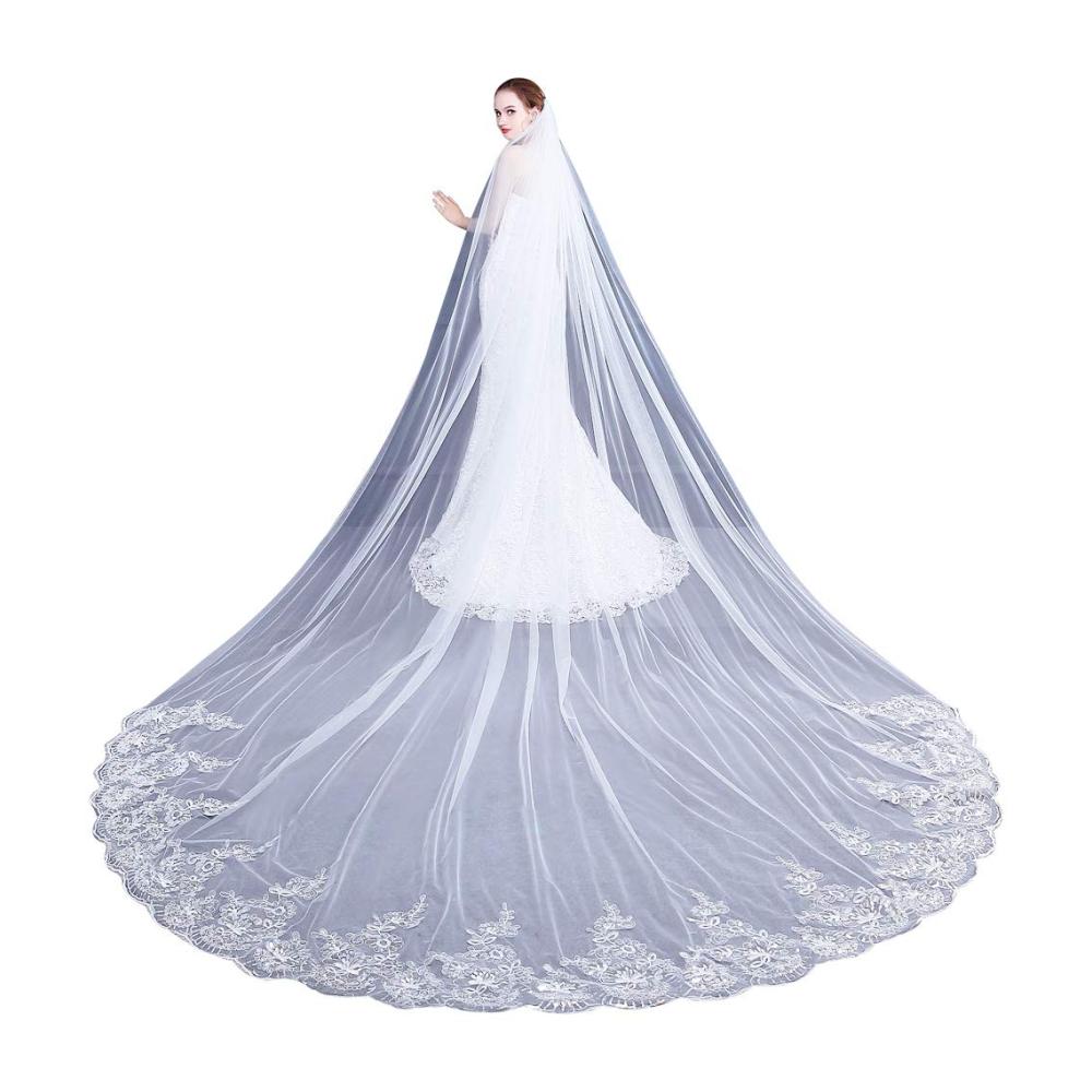 Hochzeitsschleier 4M mit Kathedrale Gestickter Blumenspitze und Kamm