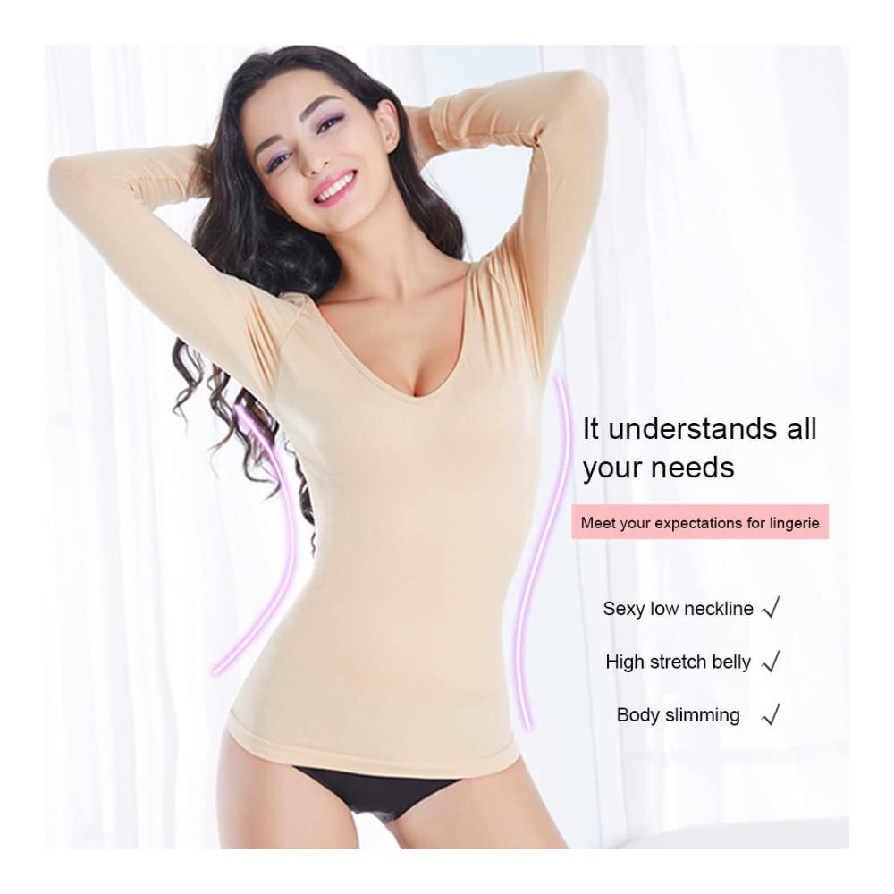Damen Thermounterwäsche Langarmshirt Schwarz | Langärmeliges Warmes Thermo-Oberteil V-Ausschnitt | Funktionsunterwäsche Langarm Thermoshirt | Base Layer für Frauen | Unterhemd T-Shirt in modischem Design