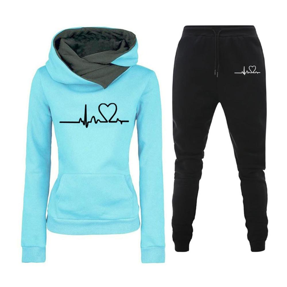 Damen Trainingsanzug Kuscheliges 2-teiliges Set mit Herzschlag-Druck Hoodie und Jogginghose für Frühling Herbst & Winter