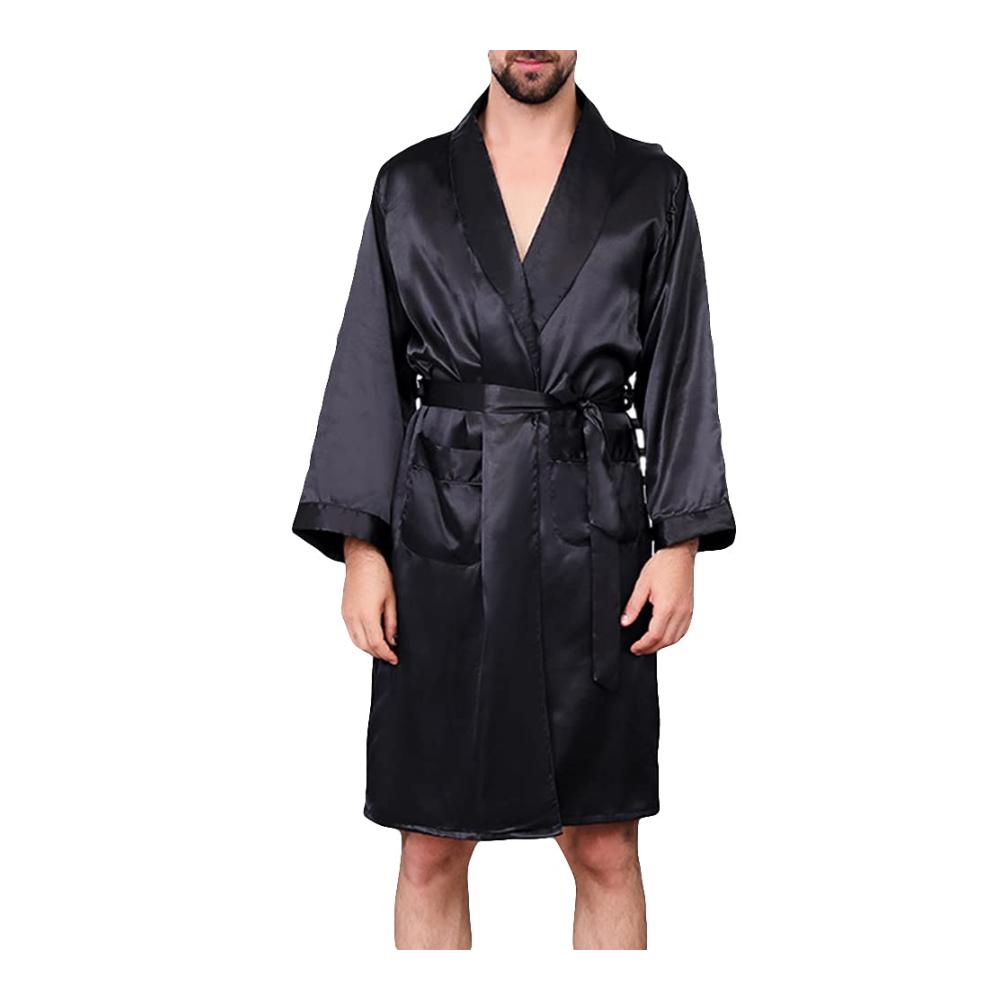 Herren Kimono Bademantel aus Satin | Langarm Nachtwäsche mit V-Ausschnitt Gürtel und Seidenoptik | Sommer Sleepwear für Männer