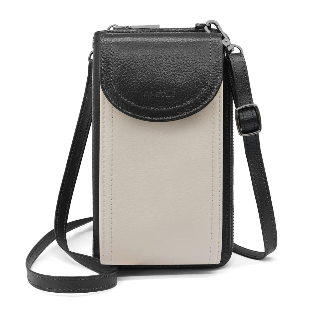 Handytasche mit RFID-Schutz und vielen Fächern - Damen Umhängetasche aus Leder mit 12 Kartenfächern - Schwarz-Weiße Crossbody Geldbörse für Frauen