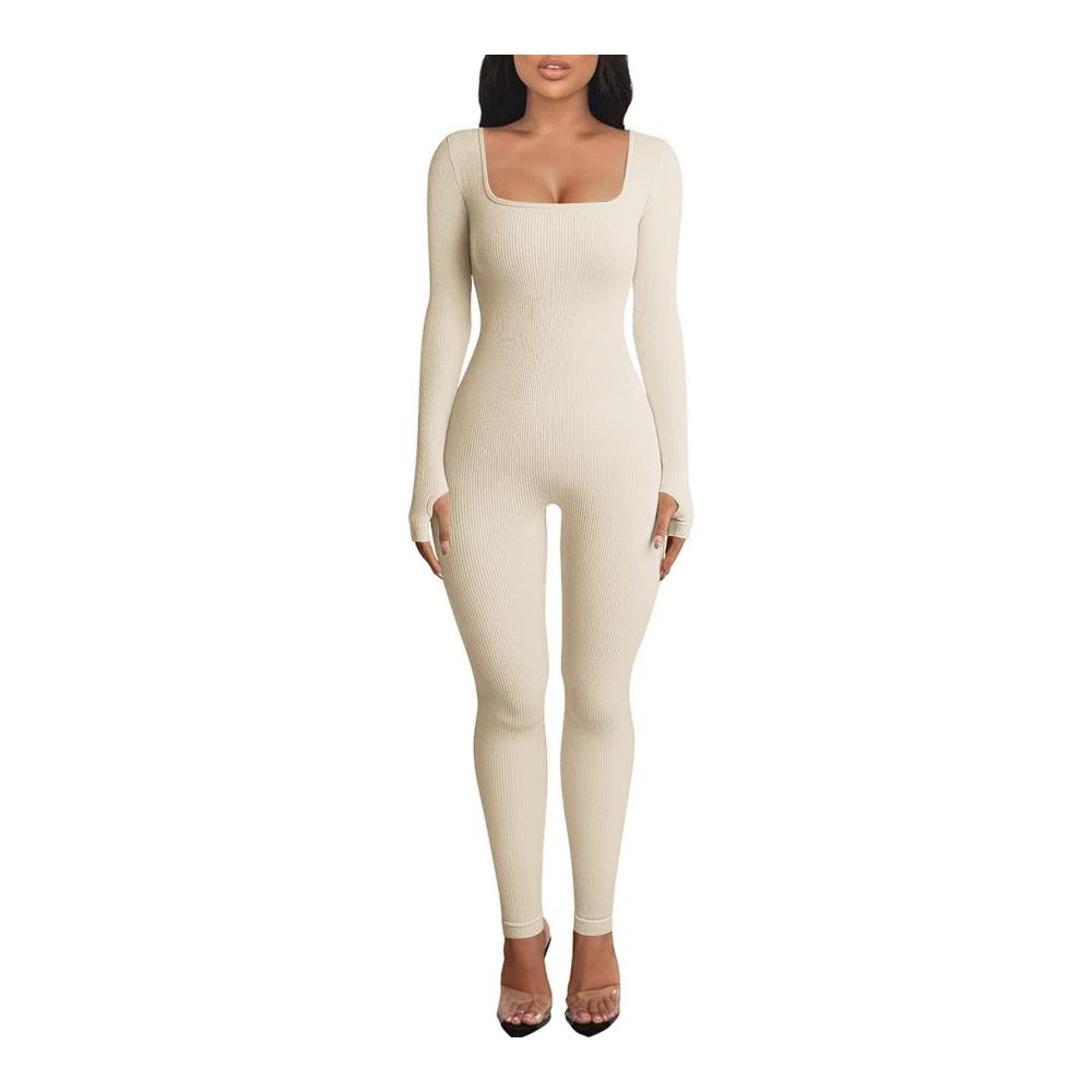 Nahtloser Damen Jumpsuit Sexy Strick Overall mit geripptem Design Stretch Langarm Bodycon Strampler - Perfekt für Drinnen und Draußen Sport & Training
