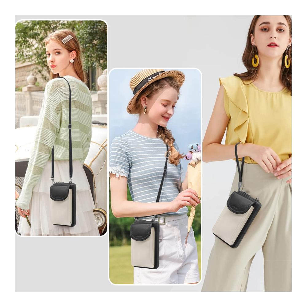Handytasche mit RFID-Schutz und vielen Fächern - Damen Umhängetasche aus Leder mit 12 Kartenfächern - Schwarz-Weiße Crossbody Geldbörse für Frauen