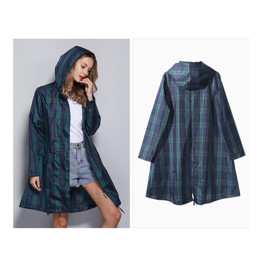 Damen Regenmantel mit Plaid-Muster | Lange Wasserdichte Regenjacke für Wandern Reisen und Outdoor-Aktivitäten | Windjacke & Regenponcho für Damen