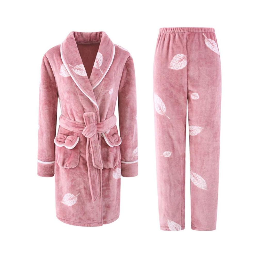 Bademantel für Damen - Flauschig weich und leicht - Rose mit Flanellhose - Kuschelig warm und bequem