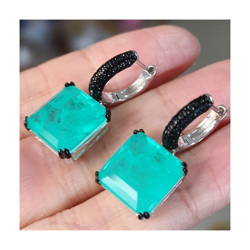 925 Silber Ohrringe mit 12mm Grüner Stein Simulierten Moissanite Rubin Citrine Smaragd und Schwarzen Zirkon - Exquisite Damenohrringe in Pariba Blue (Größe Pariba Blue