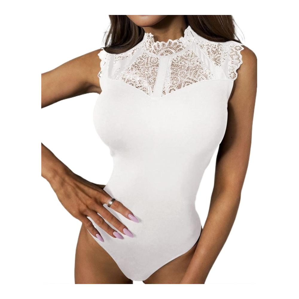 Ärmelloser Damen-Body mit sexy Stehkragen und Bauchkontrolle – Spitzen-Design für ultimative Eleganz und Komfort (weiß Größe L