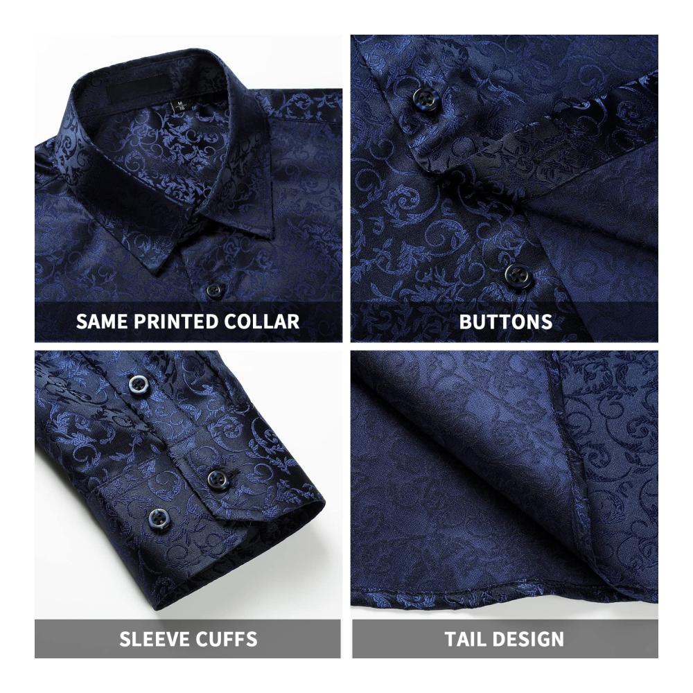 Herren Freizeithemd Langarm Navy blau Satin mit Blumenmuster Seide Regular Fit & Button-Down