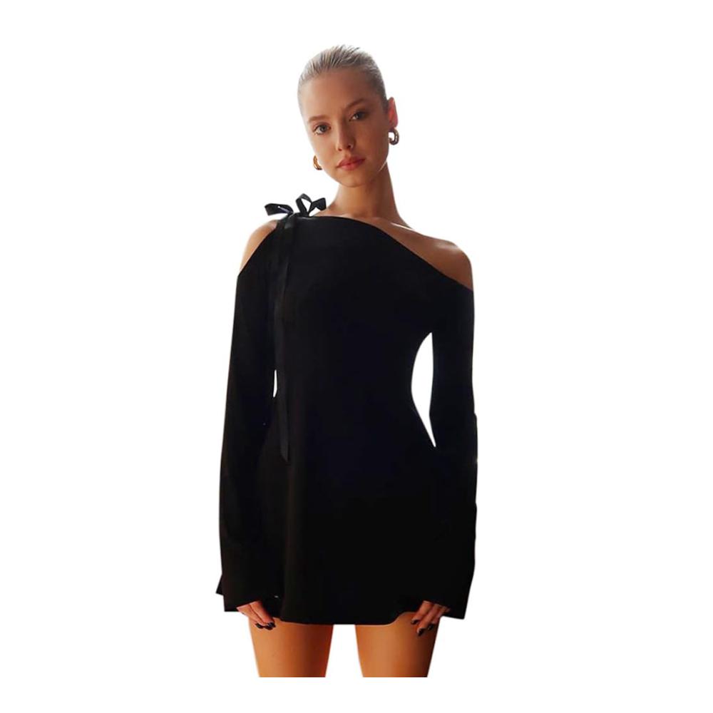 Sexy Schulterfreies Cocktailkleid - Langarm Wickelkleid in Elegantem Design für Damen - Festliches T-Shirt Mini Kleid für Abend und Party