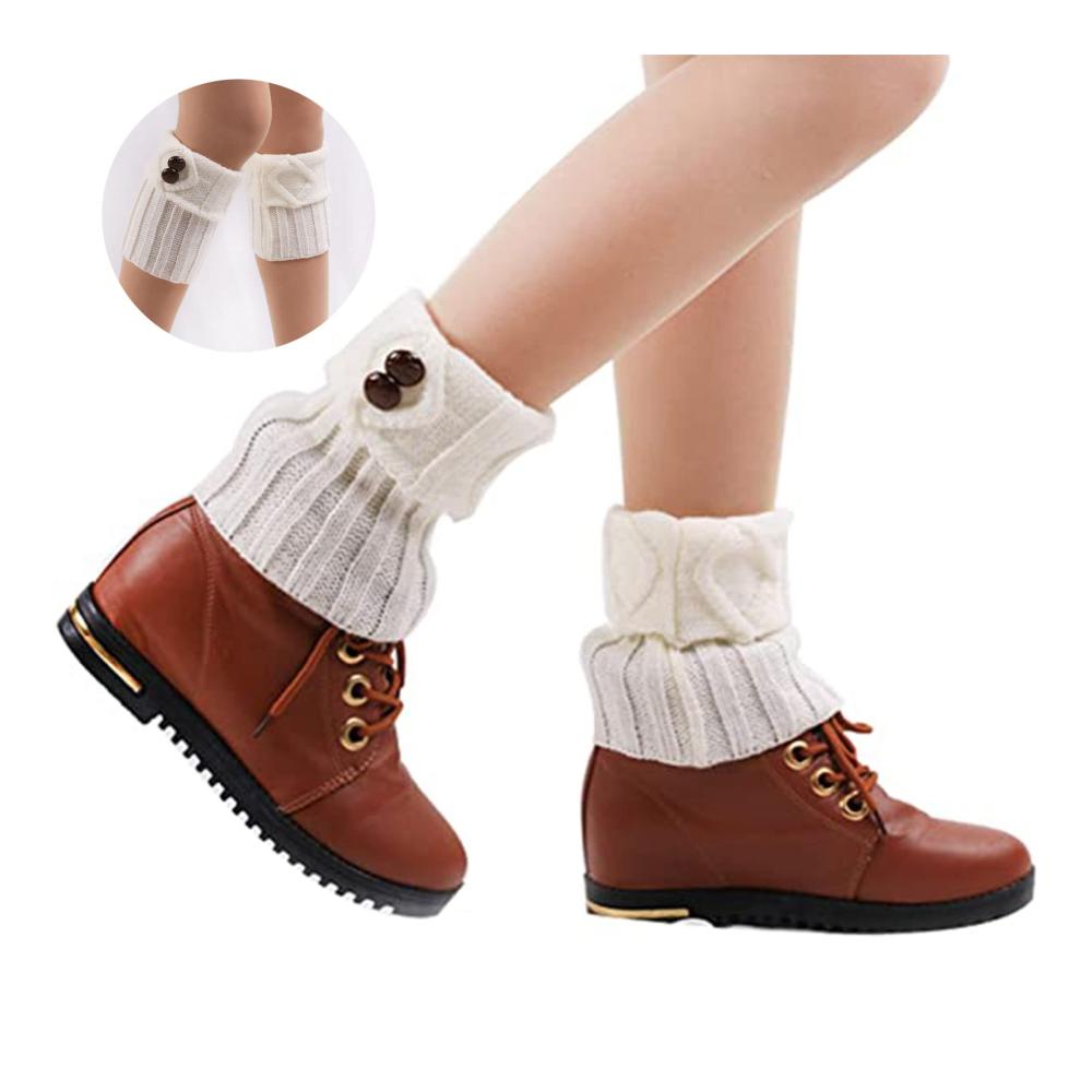 Damen Beinwärmer 2 Paar Warme Lang Stulpen Winter Stricken Leg Warmers mit Knopf Damen Stiefelabdeckung für Winterwärme (Weiß Grau