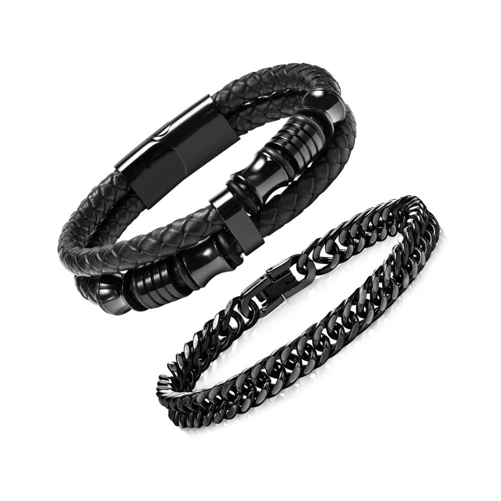 Herren Lederarmband Set Schwarz Edelstahl Armbänder - Ideale Weihnachtsgeschenke für DAD Freund Ehemann - 2er Set Männer Armband Schmuck 19CM
