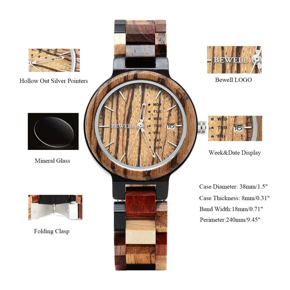 Sandelholz Armbanduhr für Damen mit Japanischer Analogbewegung und Kalender - Stilvolle Armbanduhren 020AL