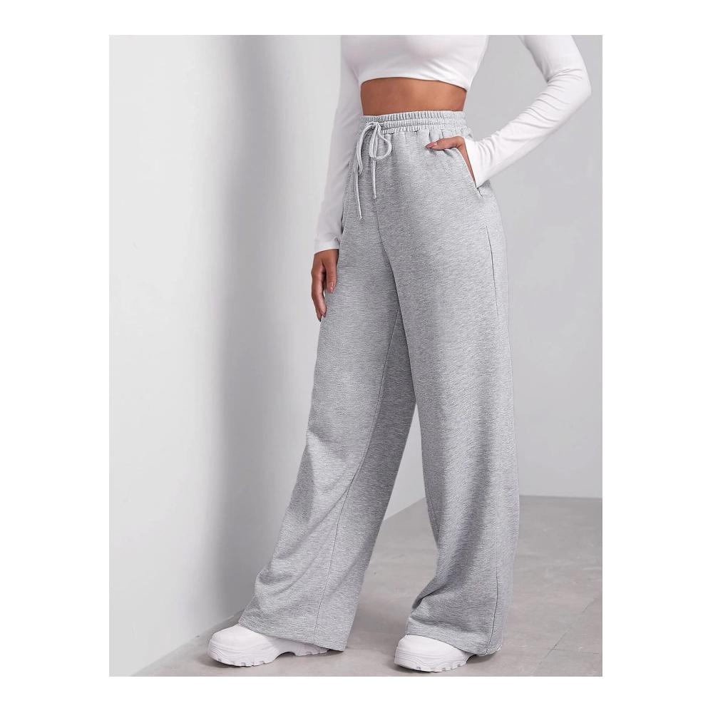 Bequeme Damen Jogginghose mit weitem Bein hoher Taille und Taschen – Elastische lockere Hose mit Kordelzug