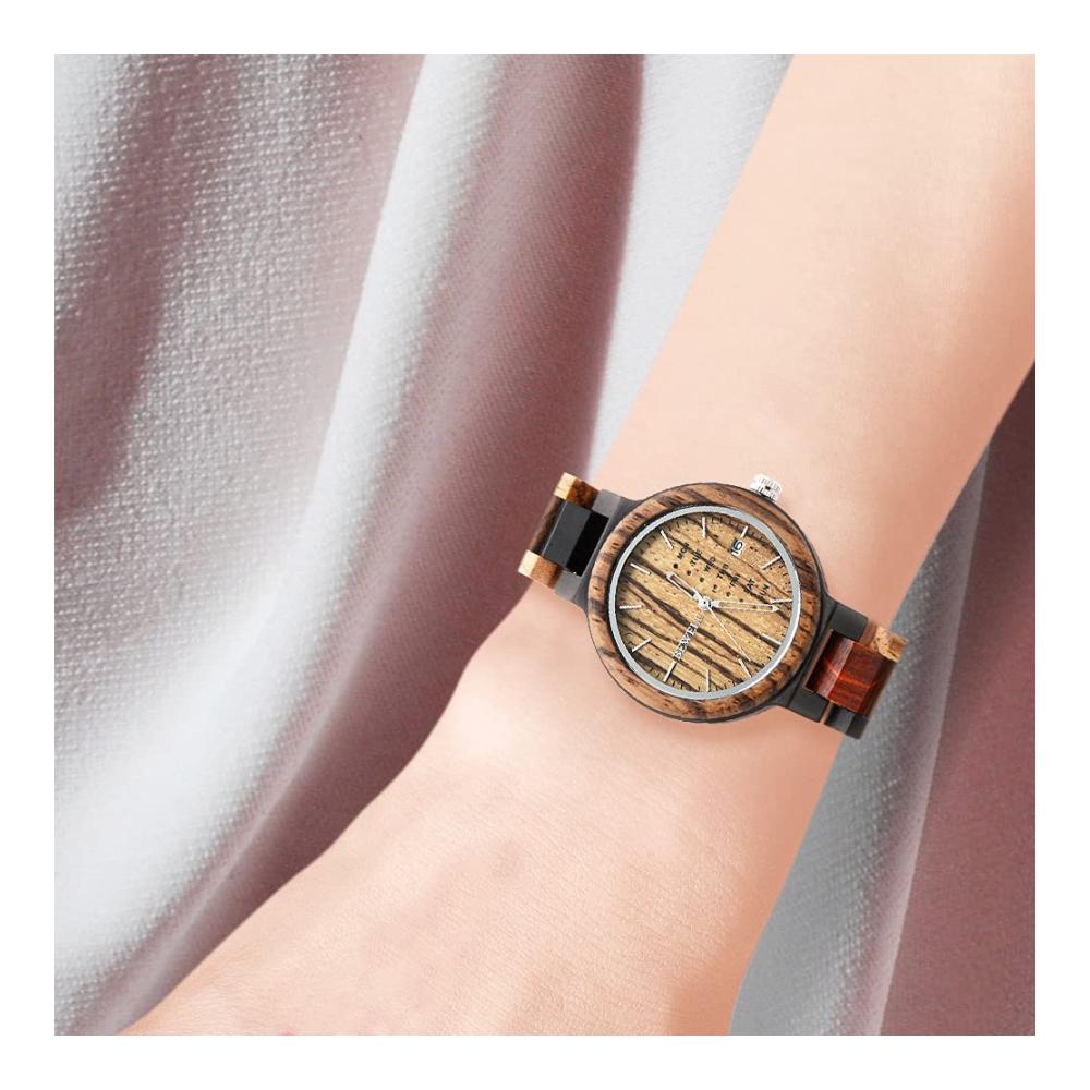 Sandelholz Armbanduhr für Damen mit Japanischer Analogbewegung und Kalender - Stilvolle Armbanduhren 020AL