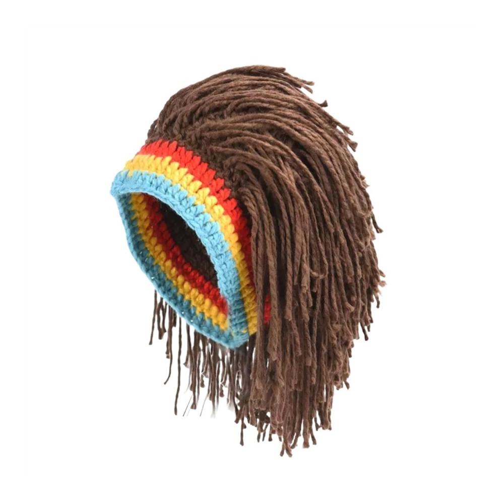 Herren Strickmütze mit Haaren - Handgefertigte Beanie-Mütze mit Dreadlocks für Weihnachten und Halloween in Braun