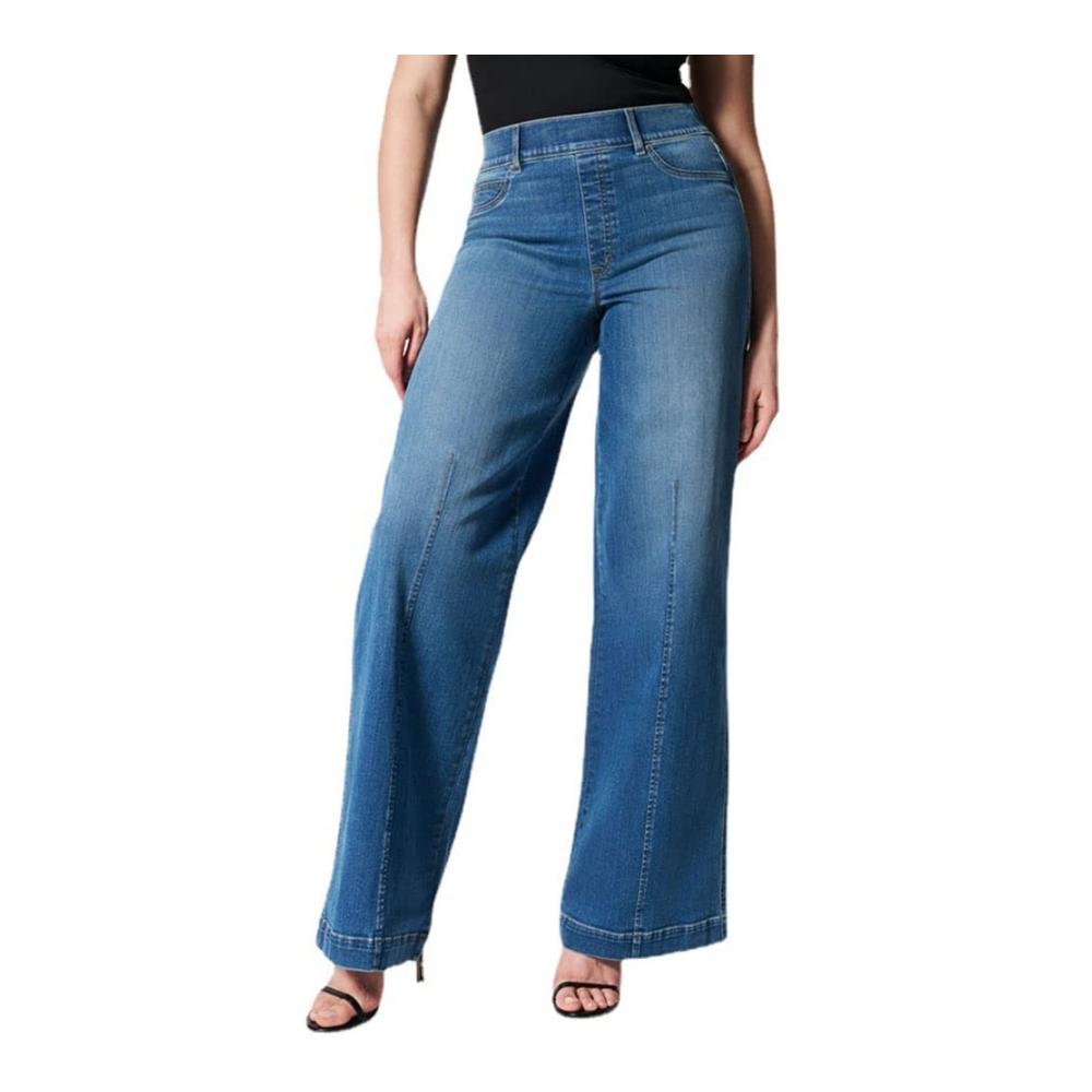 Baggy Stretch Jeans Damen | Weite Bein Retro-Hose mit Naht vorne | Hohe Taille | Blaue Denim (4XL