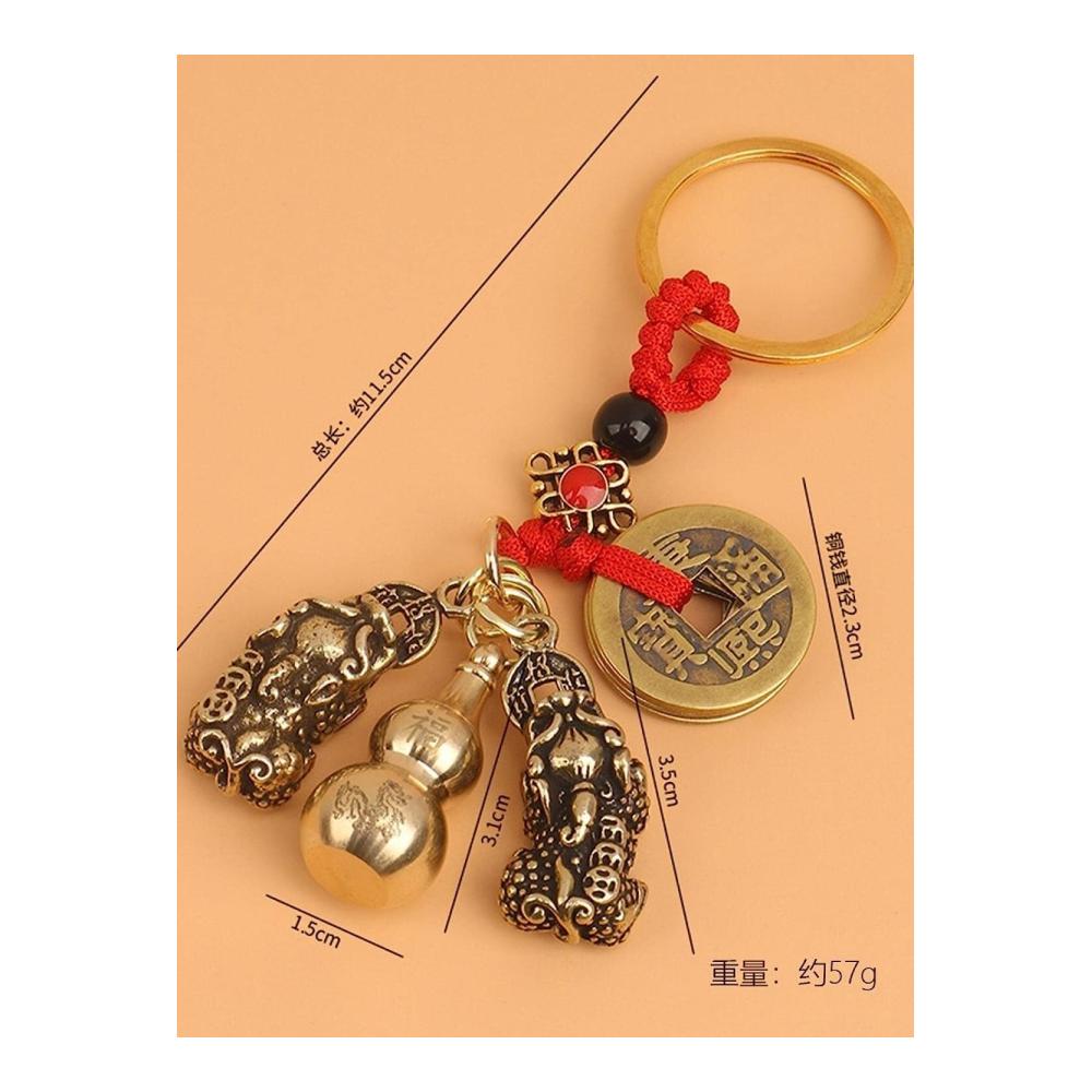 Herren Kupfermünzen Schlüsselringe & Schlüsselbänder mit Pixiu-Messing-Anhängern Glücksbringer-Set mit Fünf-Kaiser-Geld-Lanyard aus Messing