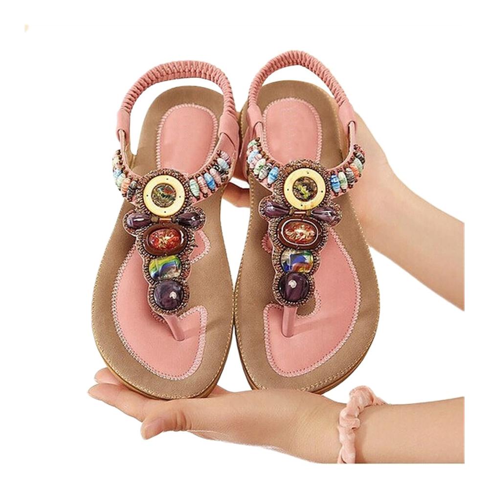 Böhmische Edelstein Perlen Sandalen Damen Sommer Strand Flip Flops in Schwarz Größe 40