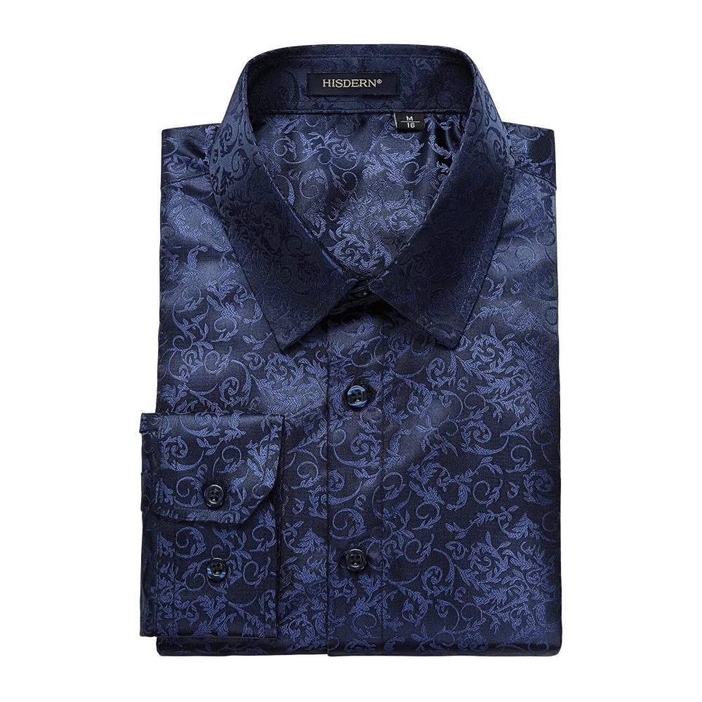 Herren Freizeithemd Langarm Navy blau Satin mit Blumenmuster Seide Regular Fit & Button-Down