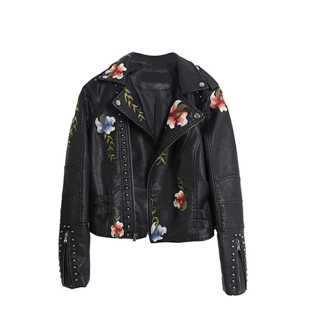 Blumige Damen Lederjacke - Florale Bestickung Klassischer Bikerstil