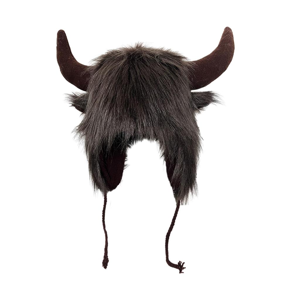 Fliegermützen Bison Hut mit Plüsch Horn - Perfekte Ohr Kopfbedeckung für Halloween Tier Cosplay Festival & Outdoor Abenteuer - Ideales Geschenk für Männer und Frauen