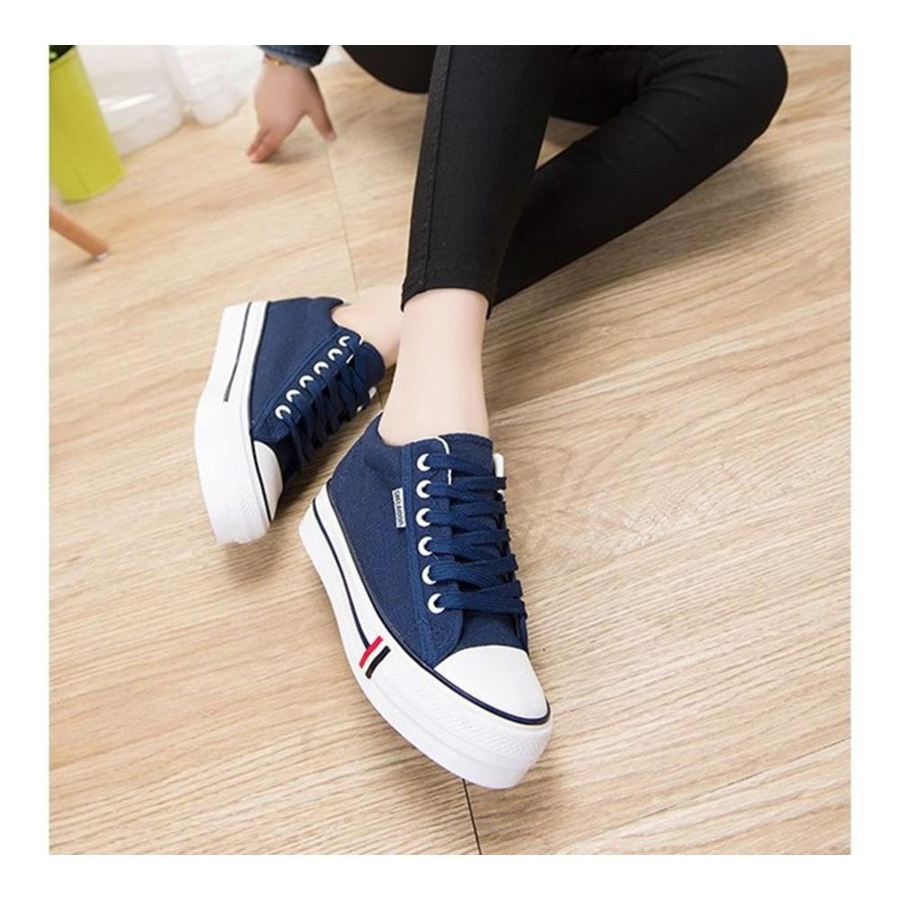 2022 Damen Canvas Sneaker Modische Plattform-Trainer Blaue Segeltuchschuhe in Größe 38 Bequeme Lace-Up Low Tops für Frauen