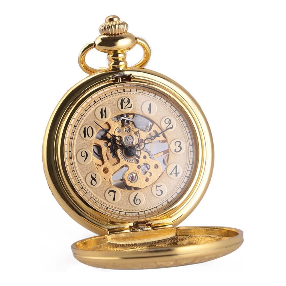 Exquisite Vintage-Taschenuhr für Herren und Damen mit dekorativem graviertem Gehäuse spezieller Lupe und goldenem Uhrwerk - Arabische Ziffern halber Jäger und inklusive Kette