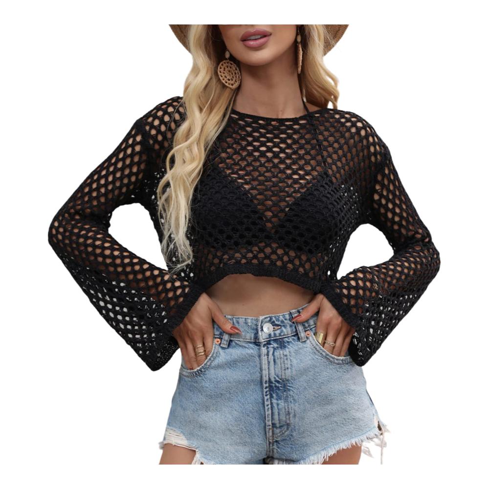 Häkel-Strickpullover Damen Langarm Crop Top mit Hollow Out Design - Y2K Aesthetic Sexy Pullover Vintage Stil - Elegant und Modisch für Frauen und Mädchen