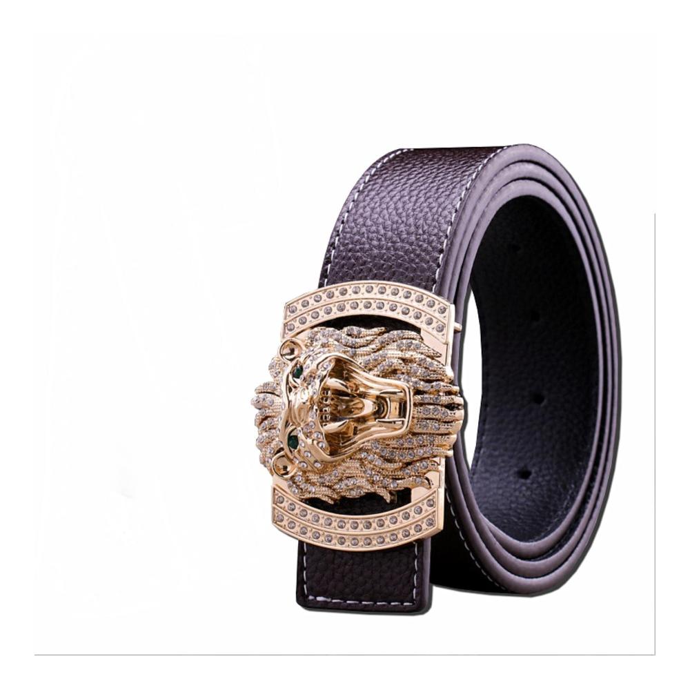 Luxus Ledergürtel mit Glanz Diamant-Löwenkopf-Schnalle für stilbewusste Männer und Frauen - Silber/Schwarz 125 cm