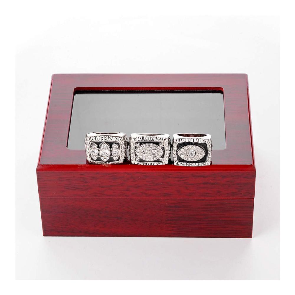 Herrenringe Set - Oakland Raiders Super Bowl Championship Replica Ringe (3 Stück) in Größe 11 mit Holzkiste Display