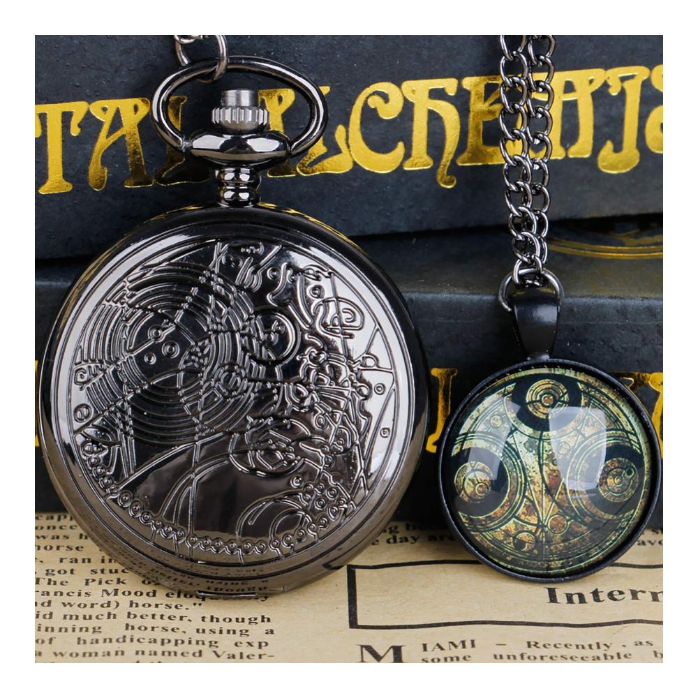 Doctor Who Taschenuhr Bronze Vintage Design Schwarzes Gehäuse Quarz-Uhrwerk Römische Ziffern Herren Halskette Anhänger mit Kette
