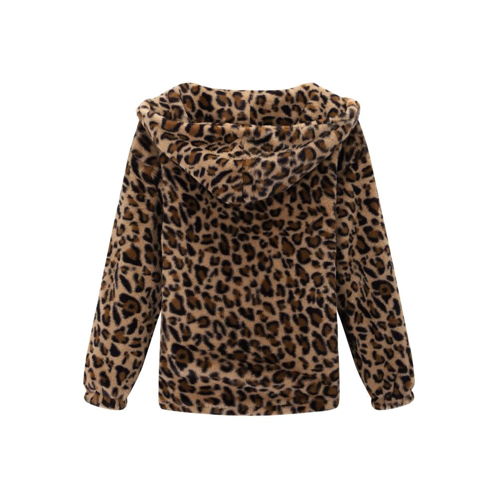 Leopard Fuzzy Fleece Damen Kapuzenjacke - Stilvolle Winterjacke mit Reißverschluss und Tasche
